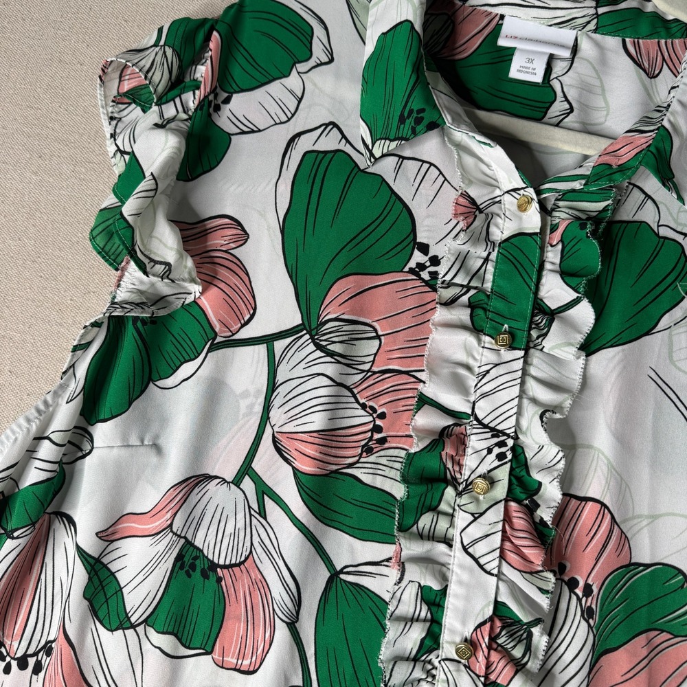 Liz Claiborne Womens 3X Floral Ruffle Button Front Sleeveless Blouse White Green